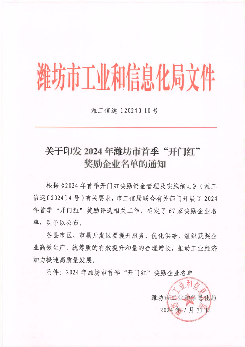 喜报丨美高梅mgm1888公司官网生物荣获 2024 年潍坊市首季“开门红”奖励